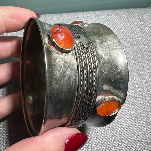 Vintage Silver Tone and Carnelian Orange Colored Stones Cuff Bracelet
